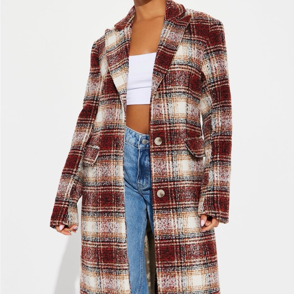 Fashion Nova Men's Plaid Pea Coat - Brown, Cream & Rust